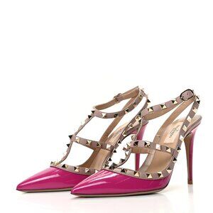 VALENTINO GARAVANI Patent Calfskin Rockstud Ankle Strap Pumps 37.5 in Fuchsia